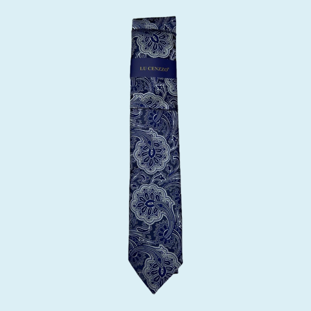 a blue and white patterned tie