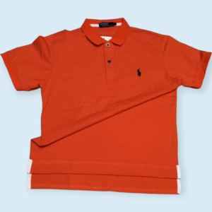 Orange Pure Cotton Men's Polo T-shirt on a light blue background