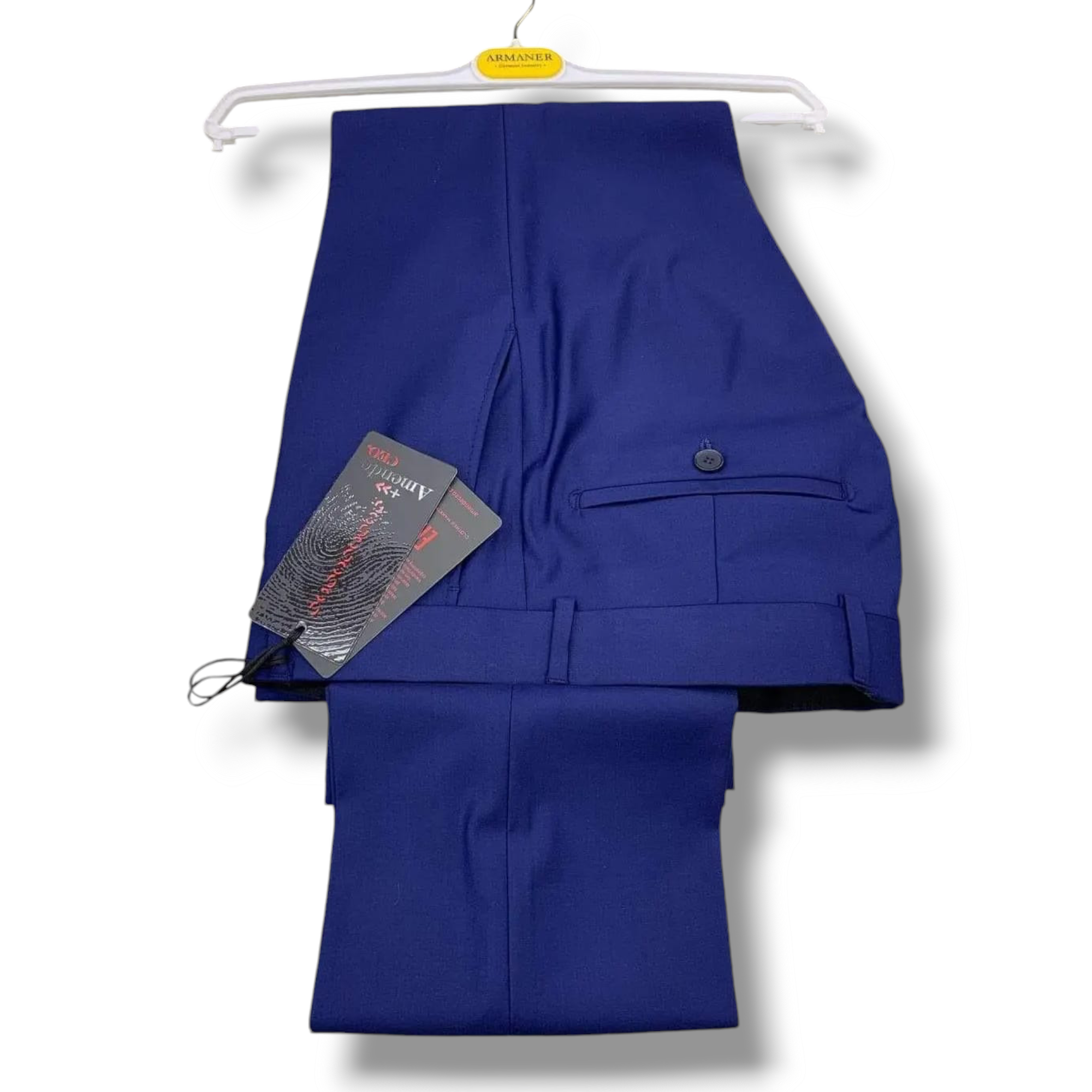 a pair of navy blue formal pants on the white background