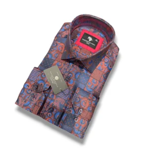 Long sleeved Presidential patterned dress shirt in blue and rust tones, folded neatly with button cuffs and premium fabric detailing