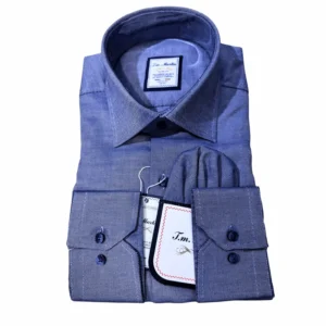 Men’s slim fit blue textured formal shirt with long sleeves, folded neatly, featuring a classic collar and buttoned cuffs for office and business wear.