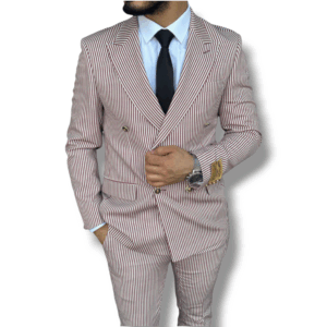 A sharp-looking two-piece pinstriped double-breasted suit featuring white and burgundy pinstripes on a white background. The jacket has notched lapels, two buttons, and is worn over a smooth textured white shirt with a dark blue tie.