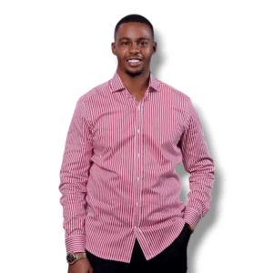 Man wearing a white and red striped slim fit shirt with long sleeves, styled casually with dark trousers against a white background.