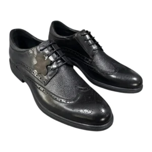 Men’s black leather brogue shoes with lace-up design and durable rubber sole displayed on a white background.