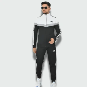 Men’s black and white athletic tracksuit set with zip-up jacket and jogger pants, featuring sporty stripe details and a modern fitness-ready design