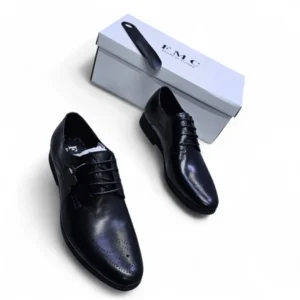 Pair of men’s black office leather shoes. Genuine leather Oxford shoes with lace-up design, polished finish, and rubber sole for office and formal wear