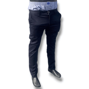 a pair of dark blue slim-fit khaki pants worn on a black mannequin