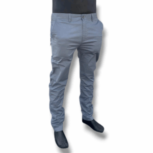 a pair of light grey khaki trousers worn on a black mannequin