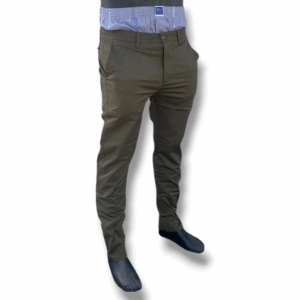 a pair of jungle green slim fit khaki trousers worn on a black mannequin