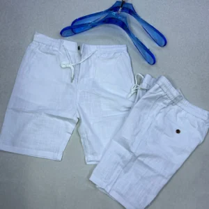 Men’s white linen shorts with elastic drawstring waist, lightweight breathable fabric, laid flat for summer casual and beach wear