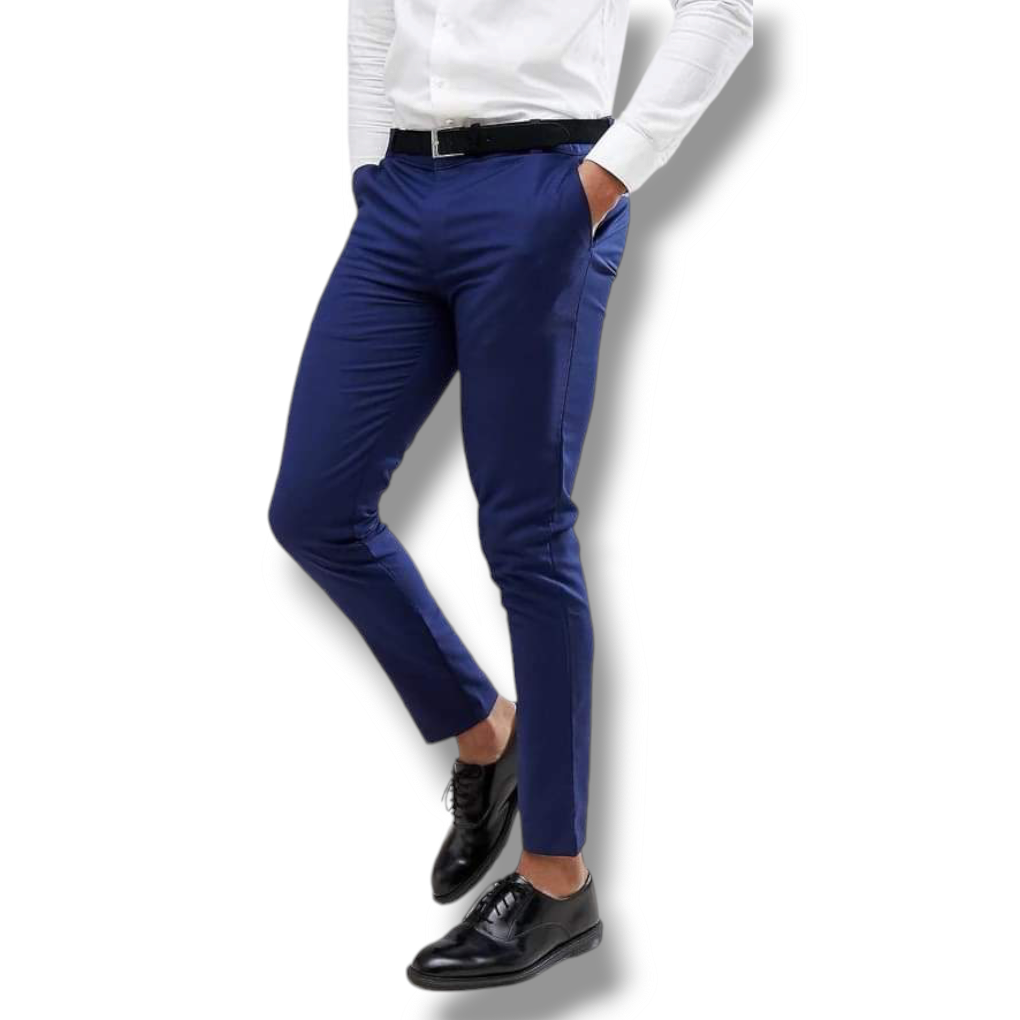 a gentleman wearing a pair of slim fit official trousers on a white background.