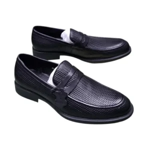 Men’s textured black leather loafers with rubber sole, displayed on a white, designed for formal and business wear.