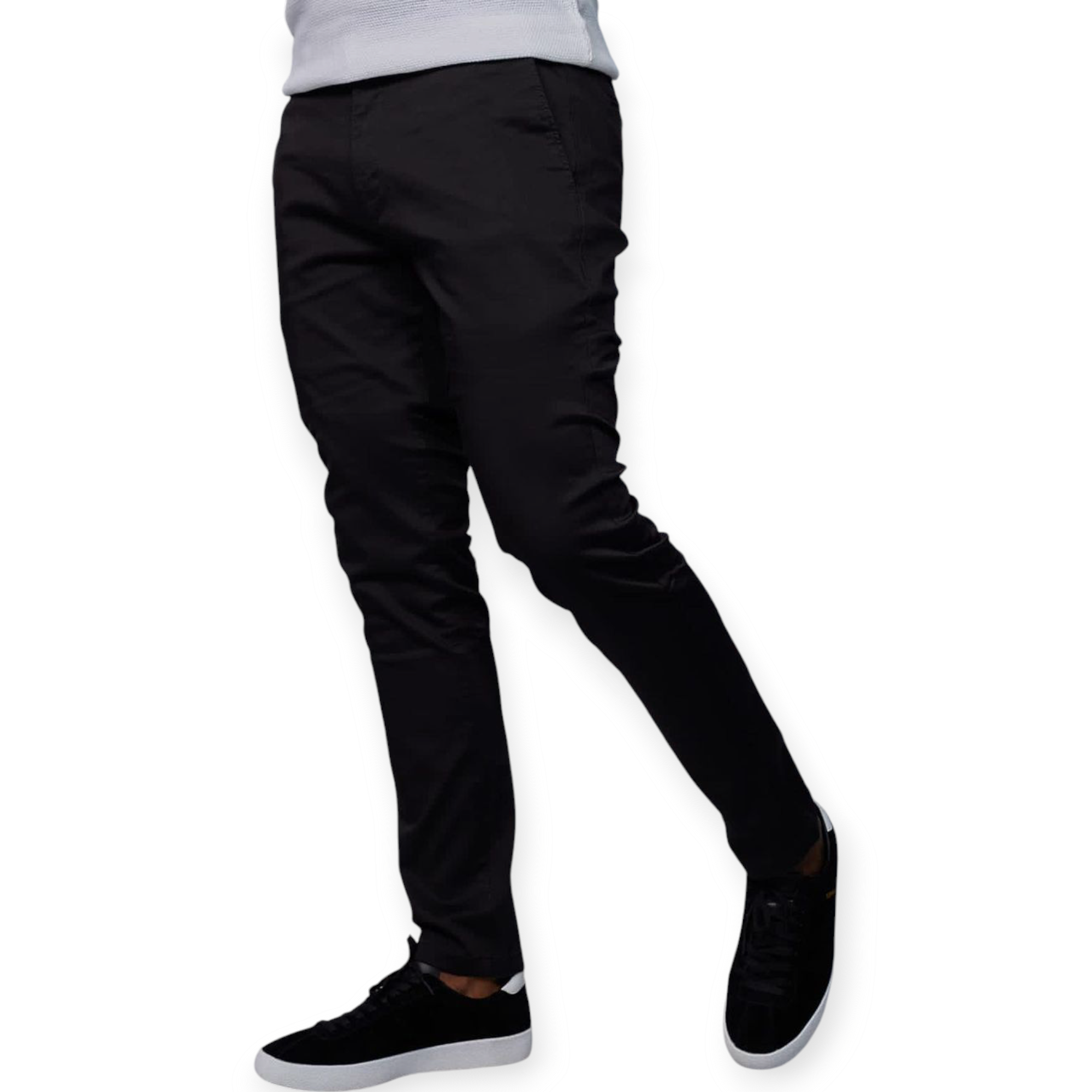 a man standing at akimbo in black mens khaki pants and black sneakers.