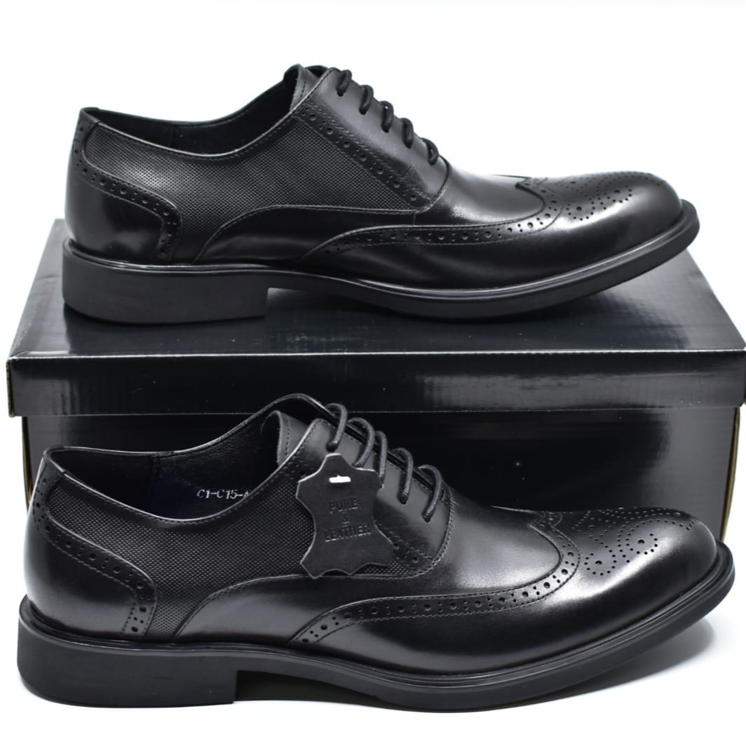 Men’s black genuine leather Oxford brogue shoes with rubber sole for office and formal wear