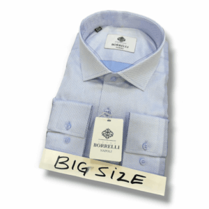 a neatly folded men’s light blue cotton formal shirt in big size with button-down design, displayed neatly on a white background with brand tag visible.