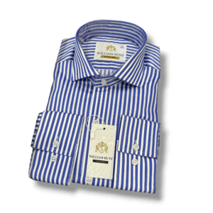 Neatly folded men’s blue striped cotton formal shirt with button-down design and long sleeves, neatly displayed on a white background with brand tag visible.