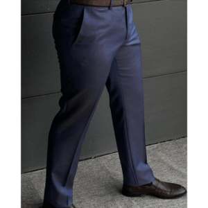 Man wearing navy blue slim fit formal pants paired with brown leather dress shoes, shown against a clean white background.