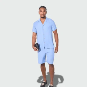 Man wearing a light blue summer wear linen shirt and shorts, styled for beach wear, resort events, and casual wear