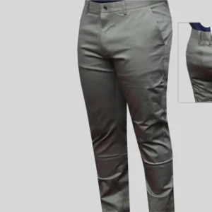 Men wearing olive green khaki slim fit trousers with a flat-front design and non-fade fabric, styled for smart casual and office wear.