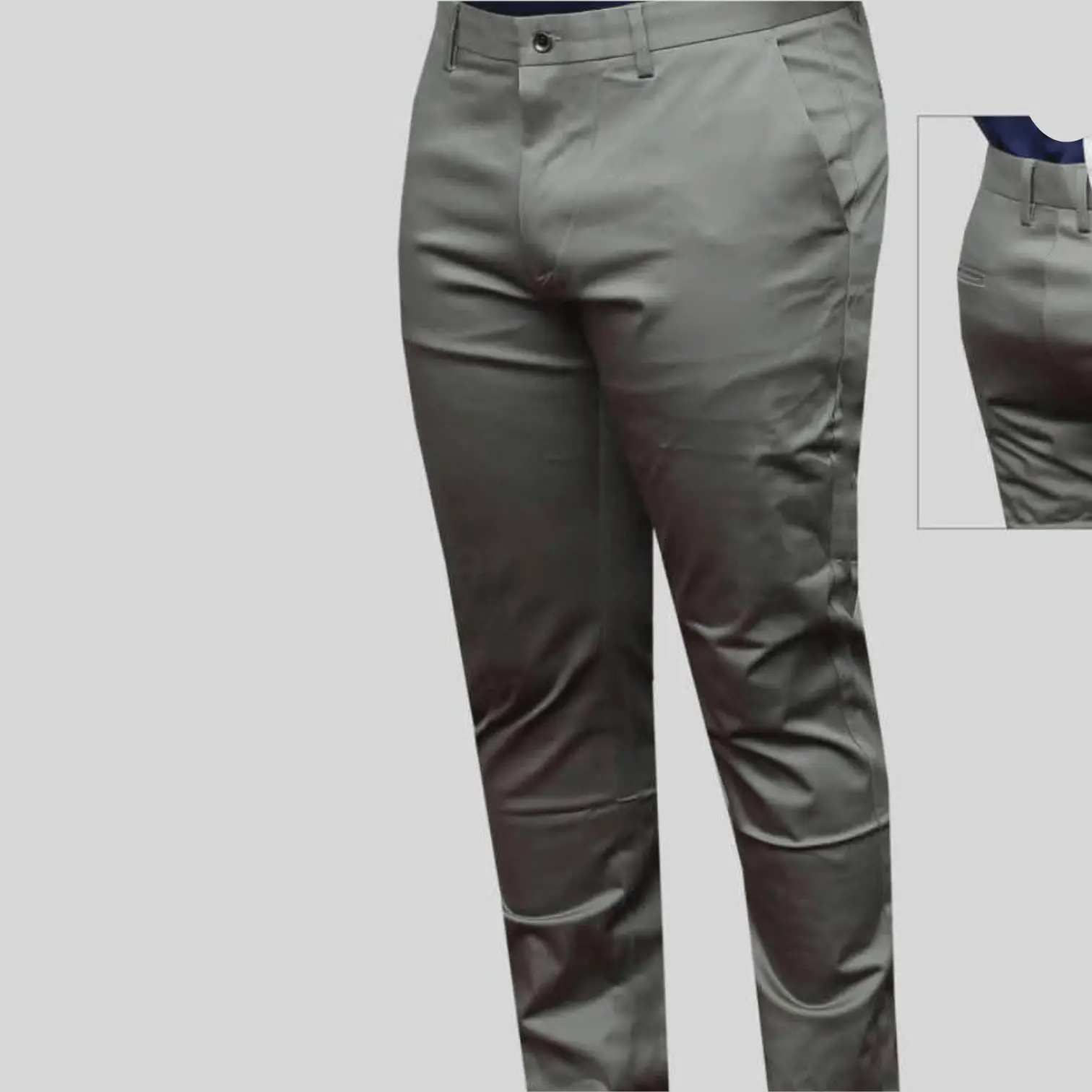 Men wearing olive green khaki slim fit trousers with a flat-front design and non-fade fabric, styled for smart casual and office wear.
