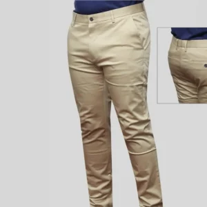 Men wearing khaki slim fit trousers with a tailored design, flat front, and back pockets, styled for smart casual and office wear against a neutral background.