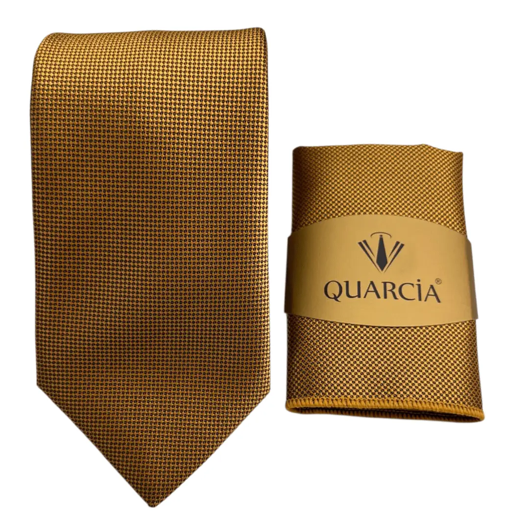 Gold textured men’s necktie with a fine woven pattern, displayed alongside a folded matching tie, suitable for formal and business wear.
