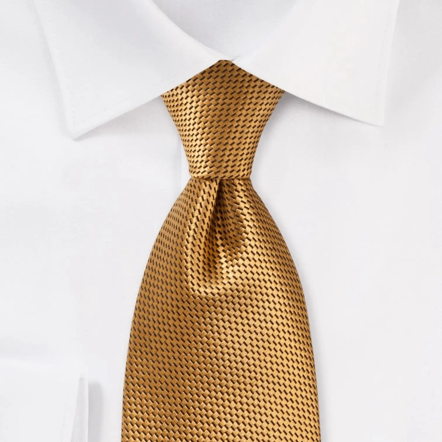 Men’s rich gold textured necktie with a fine woven pattern, neatly knotted and worn with a crisp white dress shirt for a polished formal look.