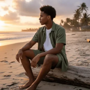 Man wearing a green linen short set with short-sleeve button shirt and matching shorts, styled for beach and summer vacation wear