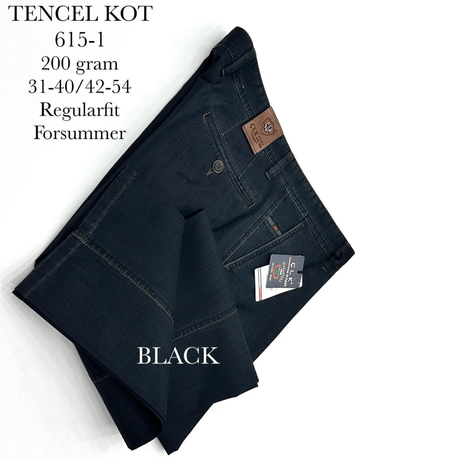 Black men’s Tencel jeans folded flat, lightweight regular-fit summer pants with button and zip closure.