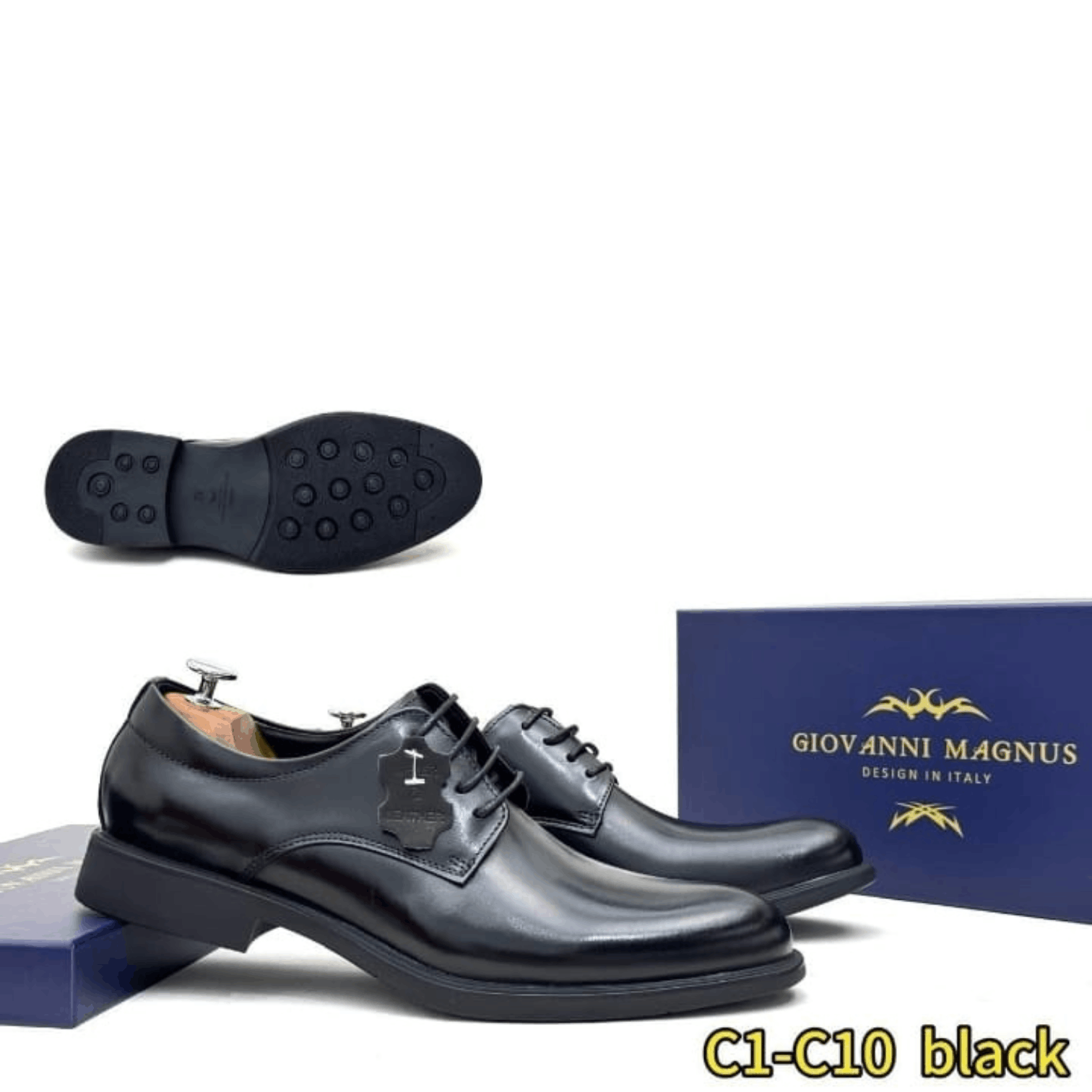Men’s black leather shoes, a lace-up shoes with rubber sole, classic formal design suitable for office and business wear.